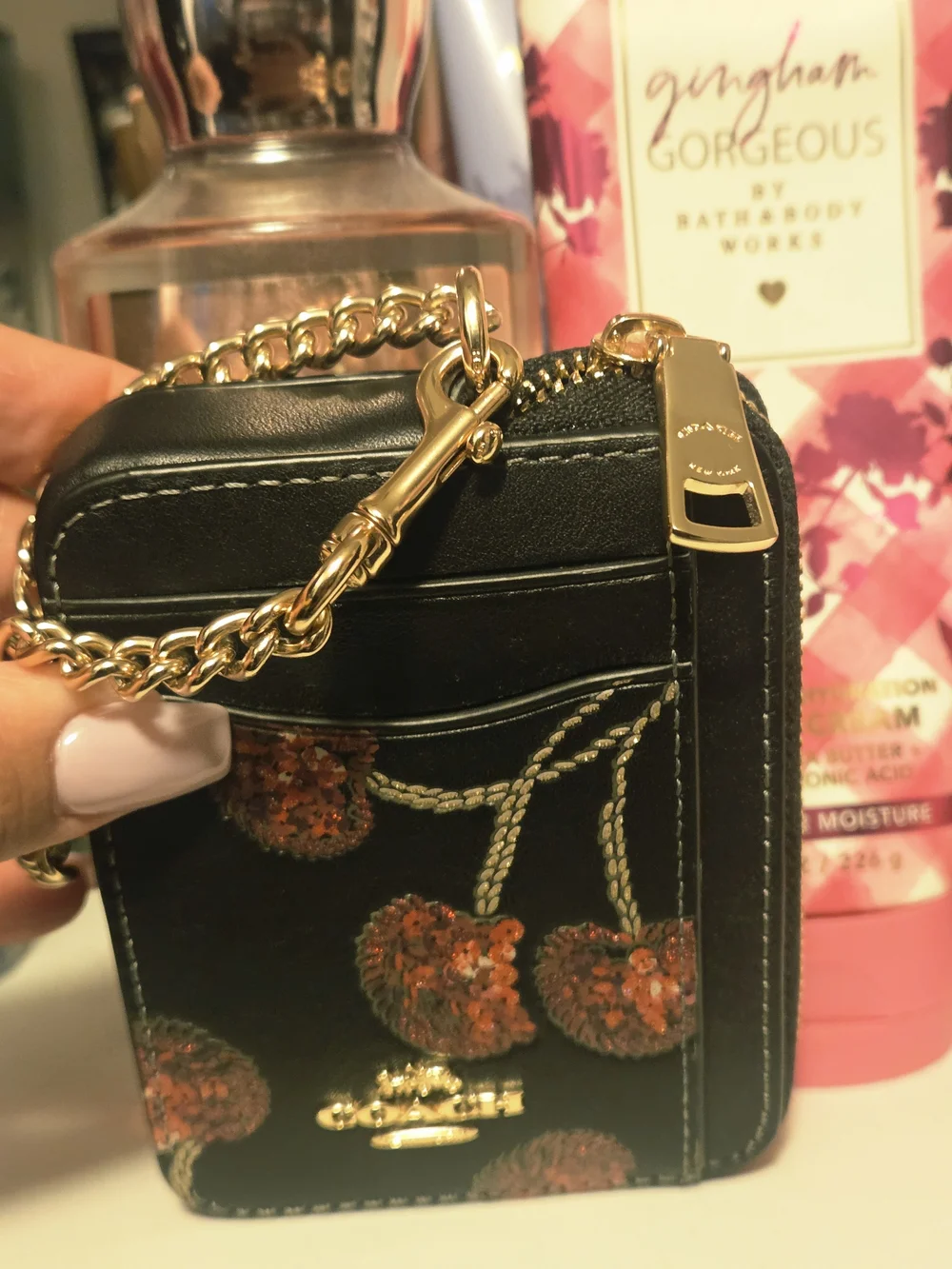 Coach Black Leather Cherry Sequin Cardholder with Gold Chain